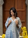 Shop_Farha Syed_Blue Kaftan Chanderi Tissue Embroidery Cutdana Scallop V Neck Sequin Neckline _Online_at_Aza_Fashions