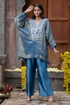 Buy_Farha Syed_Blue Tunic Tissue Georgette Embroidery Cutdana Sequin Yoke Kaftan And Pant Set _at_Aza_Fashions