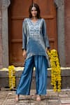 Farha Syed_Blue Tunic Tissue Georgette Embroidery Cutdana Sequin Yoke Kaftan And Pant Set _Online_at_Aza_Fashions