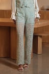 Label Deepika Nagpal_Green French Mesh Embroidered Cutwork Shirt Athena Floral Vest Pant Set _Online_at_Aza_Fashions