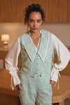 Shop_Label Deepika Nagpal_Green French Mesh Embroidered Cutwork Shirt Athena Floral Vest Pant Set _Online_at_Aza_Fashions