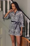 Buy_Label Deepika Nagpal_Blue Denim Embroidered Cutwork Mandarin Collar Jenny Floral Playsuit _Online_at_Aza_Fashions