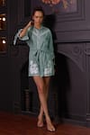 Buy_Label Deepika Nagpal_Green Soft Cotton Linen Embroidered Cutwork Mandarin Jiselle Floral Playsuit _at_Aza_Fashions