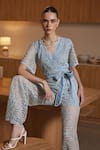 Shop_Label Deepika Nagpal_Blue French Mesh Embroidered Cutwork V-neck Jiselle Floral Jumpsuit 