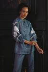 Label Deepika Nagpal_Blue Soft Cotton Linen Embroidery Thread Mila Floral Sleeve Shirt And Pant Set _at_Aza_Fashions