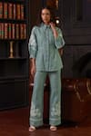 Buy_Label Deepika Nagpal_Blue Soft Cotton Linen Embroidery Thread Lace Mila Sleeve Shirt And Pant Set _at_Aza_Fashions