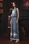 Shop_Label Deepika Nagpal_Blue Soft Cotton Linen Embroidery Floral Lace Round Neck Stacy Top And Pant Set _Online_at_Aza_Fashions