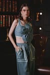 Buy_Label Deepika Nagpal_Blue Soft Cotton Linen Embroidery 3d Floral Square Izzy Bustier And Pant Set 