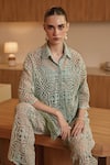 Buy_Label Deepika Nagpal_Green French Mesh Embroidery Thread Collar Serena Shirt And Pant Set _Online_at_Aza_Fashions