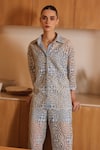 Label Deepika Nagpal_Blue French Mesh Embroidery Thread Collar Serena Shirt And Pant Set _Online_at_Aza_Fashions