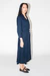 Leh Studios_Blue 100% Linen Plain Notched Lapel Layered Trench Dress _Online_at_Aza_Fashions