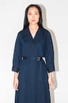 Shop_Leh Studios_Blue 100% Linen Plain Notched Lapel Layered Trench Dress _Online_at_Aza_Fashions