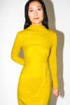 Shop_Leh Studios_Yellow 100% Cotton Plain High Neck Luminous Draped Dress _at_Aza_Fashions