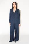 Buy_Leh Studios_Blue Linen Silk Blend Plain Lapel Midnight Blazer _at_Aza_Fashions