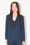 Leh Studios_Blue Linen Silk Blend Plain Lapel Midnight Blazer _Online_at_Aza_Fashions