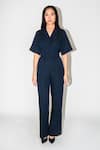 Buy_Leh Studios_Blue Linen Silk Blend Plain Lapel Midnight Pleated Jumpsuit _at_Aza_Fashions