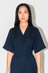 Leh Studios_Blue Linen Silk Blend Plain Lapel Midnight Pleated Jumpsuit _Online_at_Aza_Fashions