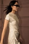 Shop_Leh Studios_Beige 100% Cotton Plain Pleated Closed-v Petra Draped Dress _Online_at_Aza_Fashions