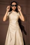 Leh Studios_Beige 100% Cotton Plain Pleated Closed-v Petra Draped Dress _at_Aza_Fashions