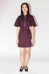 Buy_Leh Studios_Wine 100% Cotton Plain Pleated Collar Safari Mini Dress _at_Aza_Fashions