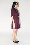 Leh Studios_Wine 100% Cotton Plain Pleated Collar Safari Mini Dress _Online_at_Aza_Fashions