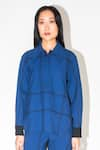 Leh Studios_Blue 100% Viscose Colorblock Collared Broken Fence Shirt _Online_at_Aza_Fashions