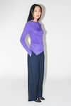 Leh Studios_Purple 100% Viscose Solid Round Iris Draped Asymmetric Top _Online_at_Aza_Fashions