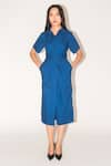 Buy_Leh Studios_Blue 100% Cotton Solid Collared Iris Draped Asymmetric Midi Dress _at_Aza_Fashions