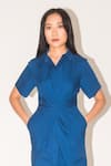 Buy_Leh Studios_Blue 100% Cotton Solid Collared Iris Draped Asymmetric Midi Dress _Online_at_Aza_Fashions