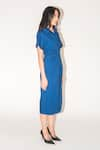 Shop_Leh Studios_Blue 100% Cotton Solid Collared Iris Draped Asymmetric Midi Dress _Online_at_Aza_Fashions