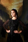 Shop_Rashika Sharma_Black Kurta Georgette Embroidered Mirror Round Cape Sleeve And Flared Pant 