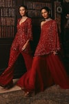 Shop_Studio22 by Pulkita Arora Bajaj_Red Georgette Embroidery Sequins One Crescent Crystal Cape With Sharara 