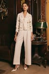 Buy_Studio22 by Pulkita Arora Bajaj_White Banana Crepe Embroidery Floral Lapel Enchantress Crop Jacket With Pant _at_Aza_Fashions