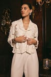 Studio22 by Pulkita Arora Bajaj_White Banana Crepe Embroidery Floral Lapel Enchantress Crop Jacket With Pant _Online_at_Aza_Fashions