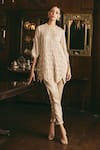 Buy_Studio22 by Pulkita Arora Bajaj_Beige Organza Embroidery Pearl Round Grace Short Kurta With Pant _at_Aza_Fashions