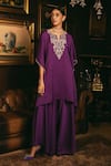 Buy_Studio22 by Pulkita Arora Bajaj_Purple Satin Embroidered Bead Notched Lumina Floral Kaftan With Flared Pant _at_Aza_Fashions