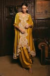 Studio22 by Pulkita Arora Bajaj_Yellow Crepe Embroidered Bead Sunspot Pearl Scalloped Kaftan With Draped Skirt _Online_at_Aza_Fashions