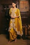 Shop_Studio22 by Pulkita Arora Bajaj_Yellow Crepe Embroidered Bead Sunspot Pearl Scalloped Kaftan With Draped Skirt _Online_at_Aza_Fashions