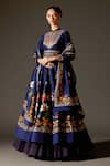 Buy_Rohit Bal_Blue Chanderi Embroidered Thread Mandarin Collar Floral Bird Print Anarkali Set _at_Aza_Fashions