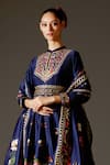 Rohit Bal_Blue Chanderi Embroidered Thread Mandarin Collar Floral Bird Print Anarkali Set _Online_at_Aza_Fashions