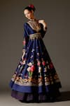 Buy_Rohit Bal_Blue Chanderi Embroidered Thread Mandarin Collar Floral Bird Print Anarkali Set _Online_at_Aza_Fashions