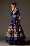 Shop_Rohit Bal_Blue Chanderi Embroidered Thread Mandarin Collar Floral Bird Print Anarkali Set _Online_at_Aza_Fashions