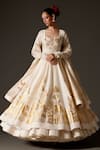 Buy_Rohit Bal_Cream Chanderi Silk Embroidered Thread Scoop Oriental Foil Print Anarkali Set _at_Aza_Fashions