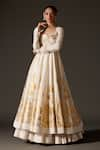 Rohit Bal_Cream Chanderi Silk Embroidered Thread Scoop Oriental Foil Print Anarkali Set _Online_at_Aza_Fashions