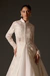 Rohit Bal_Ivory Organza Embroidered Thread Mandarin Collar Floral Applique Long Jacket _Online_at_Aza_Fashions