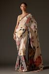 Shop_Rohit Bal_Cream Crepe Print Floral Blossom Saree And Unstitched Blouse Piece Set _at_Aza_Fashions