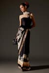 Buy_Rohit Bal_Black Chanderi Print Floral Flower Vine Saree And Unstitched Blouse Piece Set _Online_at_Aza_Fashions