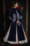 Rohit Bal_Blue Velvet Embroidery Floral Collared Vine Jacket _Online_at_Aza_Fashions