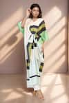 Buy_Samyukta Singhania_Green Silk Crepe Printed Linear V-neck Belted Kaftan Dress _at_Aza_Fashions