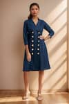 Buy_Samyukta Singhania_Blue Cotton Plain Notched Lapel Solid Linen Blazer Dress _at_Aza_Fashions